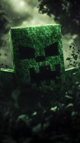 Hostile voxel creeper stalks dense pixelated jungle.