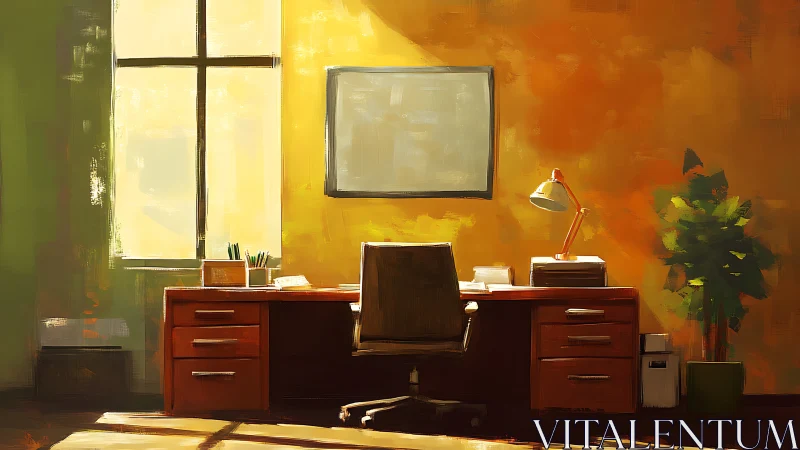 Sunlit studio desk anchors warm minimalist workspace scene