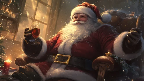 Cozy Santa relaxing by the fire with a cheerful holiday toast.