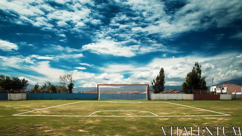 Empty soccer field under expansive stratocumulus cloud deck