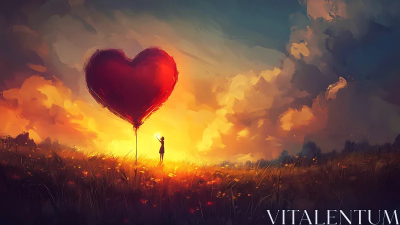 Figure stands beneath red heart-shaped balloon at sunset.