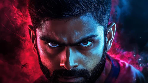 Bicolor rim-lit male portrait with hyperreal cinematic intensity.