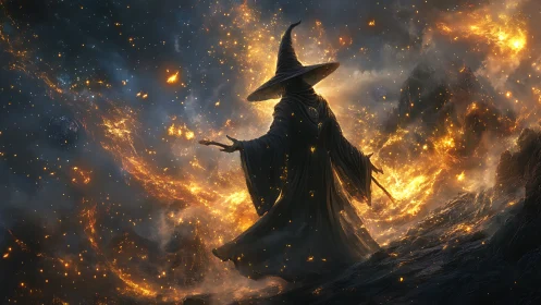 Celestial fire mage commands swirling cosmic inferno.