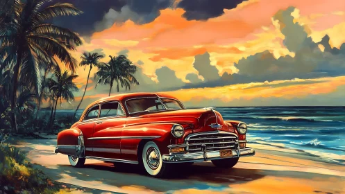 Sunset cruise invites a classic red car onto the beach