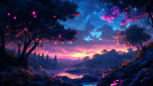 Twilight river hums softly beneath spell-lit forest crowns