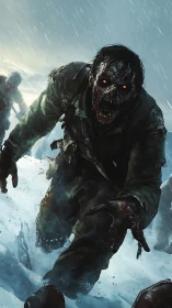 Undead soldier lunges through blizzard in cinematic perspective