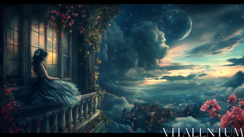 Moonlit maiden gazes over enchanted skybound kingdom.