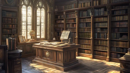 Sunlit Scholar’s Library Sanctum of Dusty Golden Tomes.