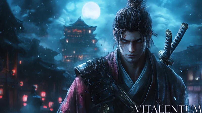 Lone samurai stalks rain-soaked street under ghost moon.