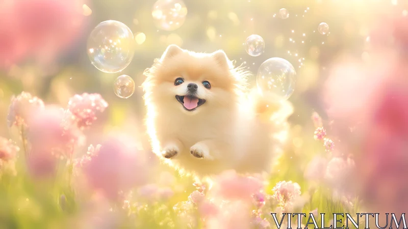 Fluffy Pomeranian runs through soft-focus flowers and bubbles