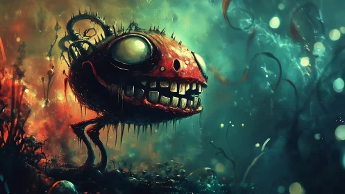 Bioluminescent creature in abstract aquatic landscape scene.