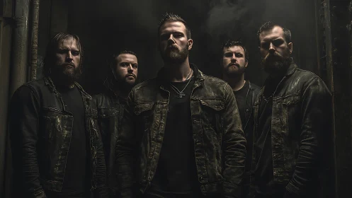 Brooding rock band stands united in a gritty industrial haze