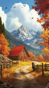 Autumn hillside barn before distant snow-covered mountains.