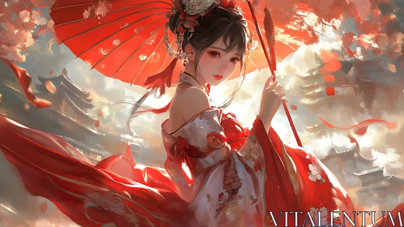 Crimson parasol maiden in flowing hanfu amid temple clouds.