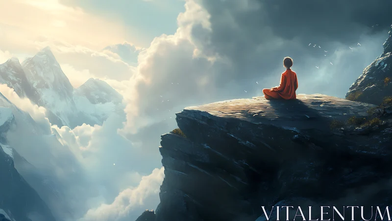 Solitary monk in sunrise clouds, meditating above worlds.
