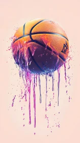 Neon liquid basketball suspended in pastel minimal space.