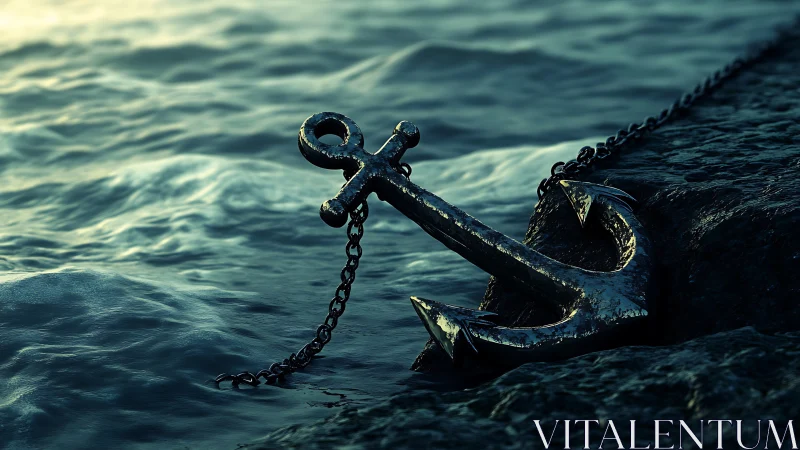 Chromed maritime anchor on wet stone under teal dusk light.