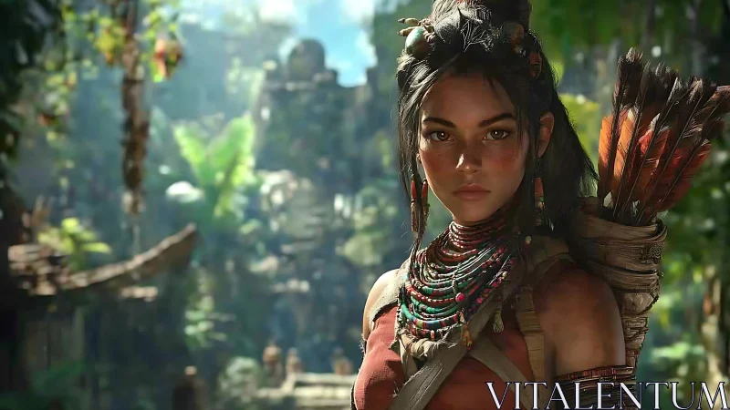 Young archer in dense jungle with ancient stone ruins.