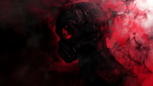 Cyberpunk gas mask portrait in red atmospheric silhouette.
