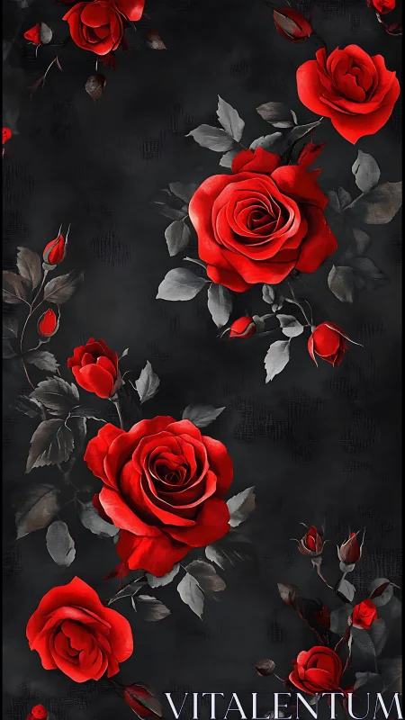 Vivid Red Roses Against Darkened Background With Layered Botanical Elements