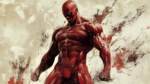 Muscular red humanoid stands against chaotic brush backdrop.