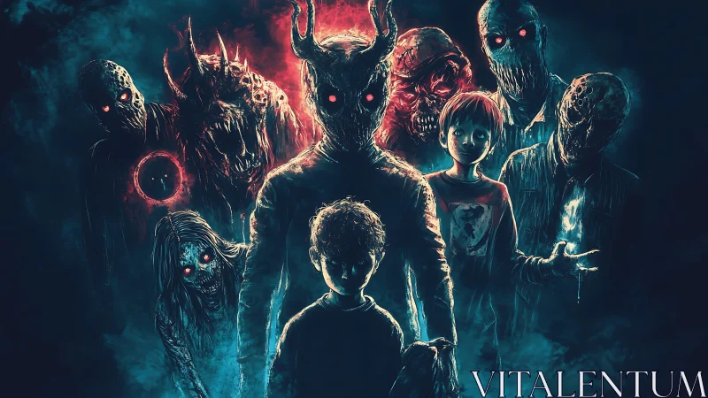 Demonic horned figure with children encircled by spectral horrors