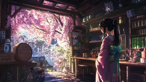 Kimono-clad figure in sakura-illuminated traditional workshop.