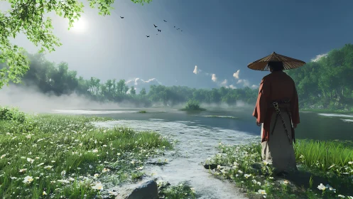 Samurai observer examines misty riverside ecosystem at sunrise