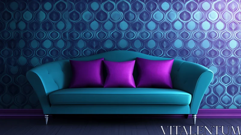 Teal sofa anchors vibrant purple retro geometric interior.