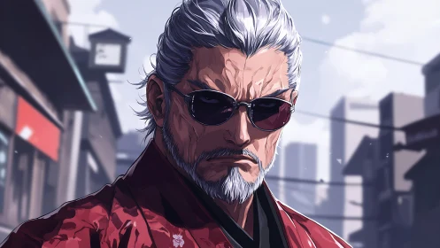 Stoic silver-haired samurai in modern city street.