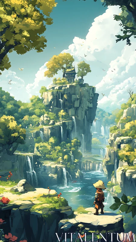 Young traveler overlooks sunlit canyon waterfalls and shrine