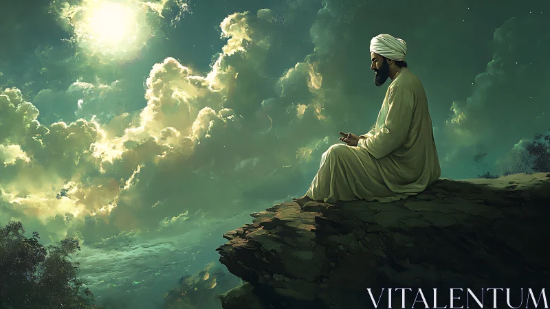 Solitary mystic meditating on a cliff under radiant celestial light