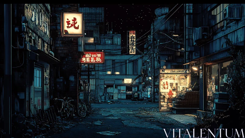 Nocturnal alleyway shows neon signage, deep perspective and grainy detail