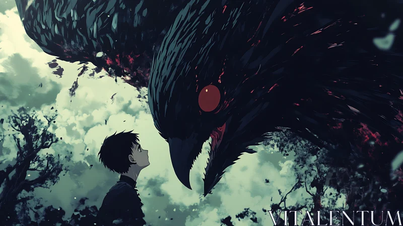 Boy meets colossal raven spirit in a haunting forest sky.