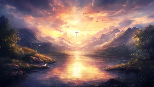 Radiant alpine lake at sunset with levitating luminous cross.