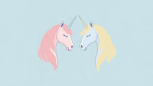 Two pastel unicorn profiles mirror each other on blue field