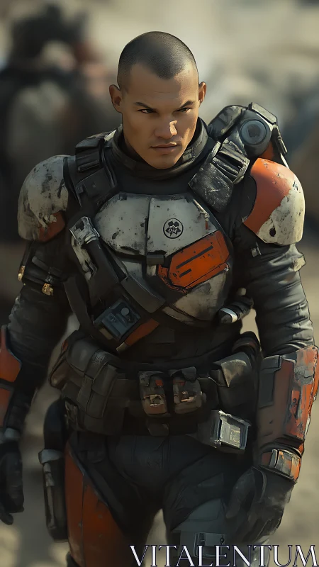 Focused space soldier in rugged orange and gray armor.