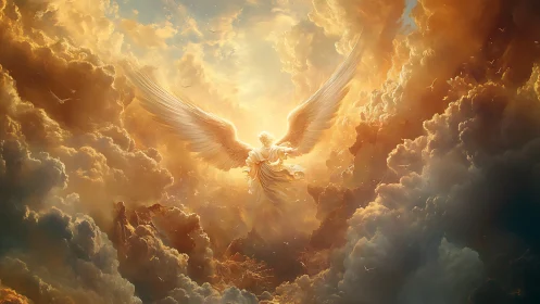 Radiant angel ascends through blazing golden storm clouds