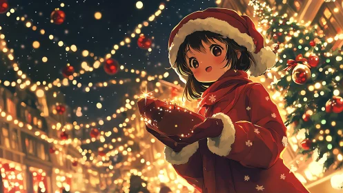 Child in red winter clothing holds illuminated object outside