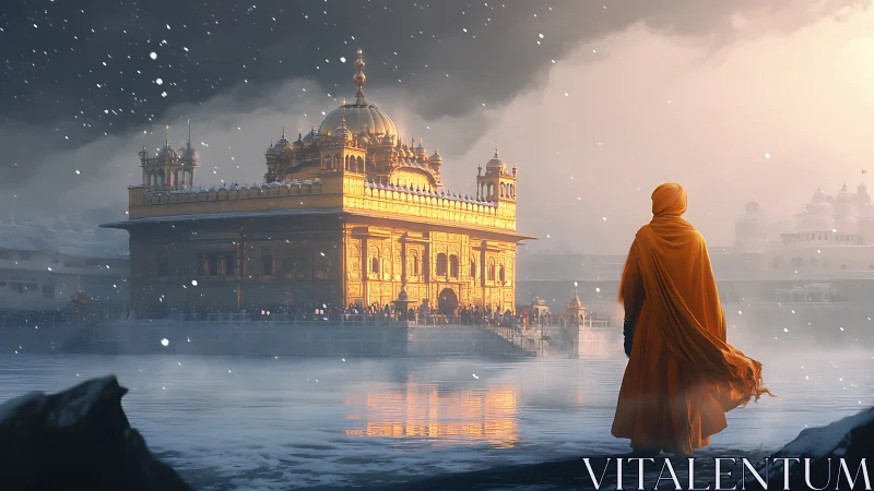 Golden temple at dusk rendered in atmospheric digital painting