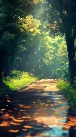 Forest Stream Under Golden Canopy Light Rain