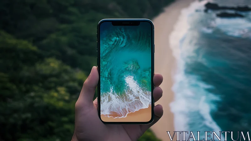 Hand-held smartphone displaying aerial coastal vista and waves