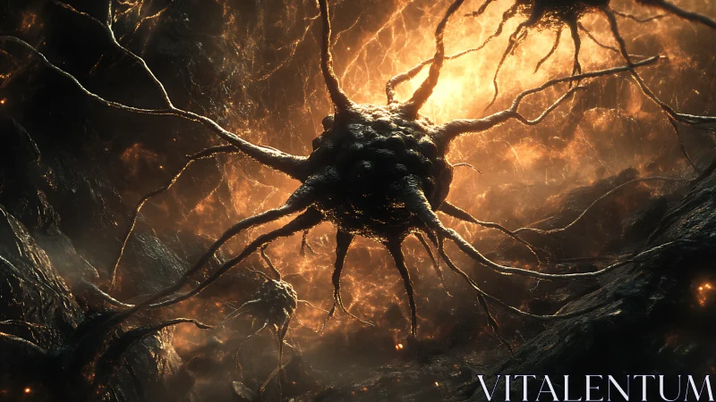 Neural spore core glowing in molten bio-organic cavern.