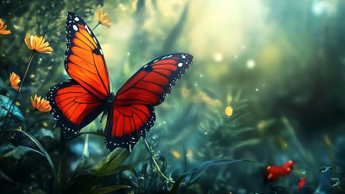 Gentle dusk garden where a bright butterfly drifts softly.