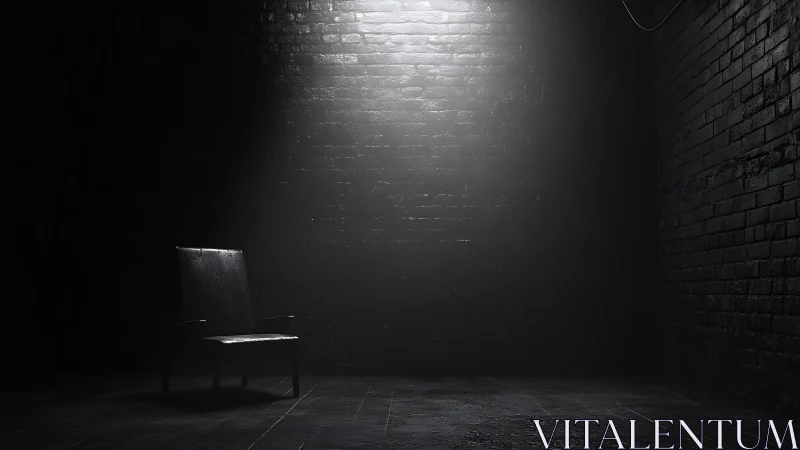 Single chair under overhead spotlight in dark brick interrogation room
