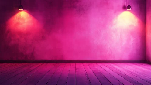 Empty pink room displays wooden floor and two ceiling lamps
