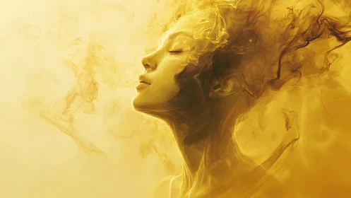 Golden female profile dissolving into flowing smoke forms.