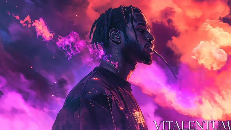 Neon-lit profile portrait merges urban figure with vapor clouds