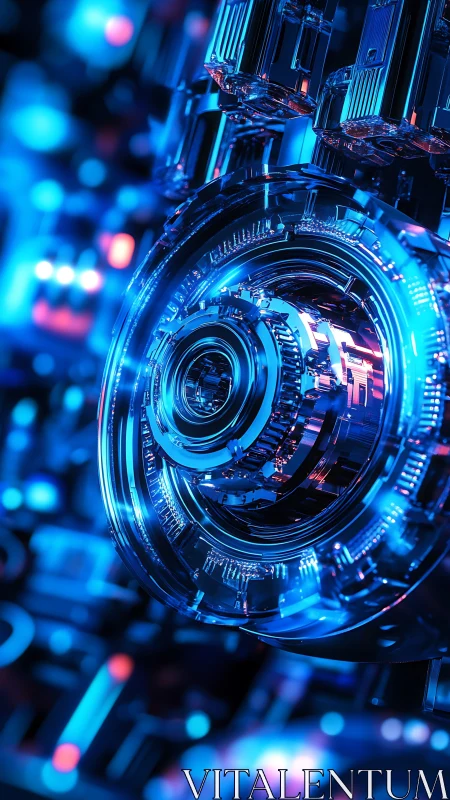 Futuristic metallic turbine core in glowing blue light.