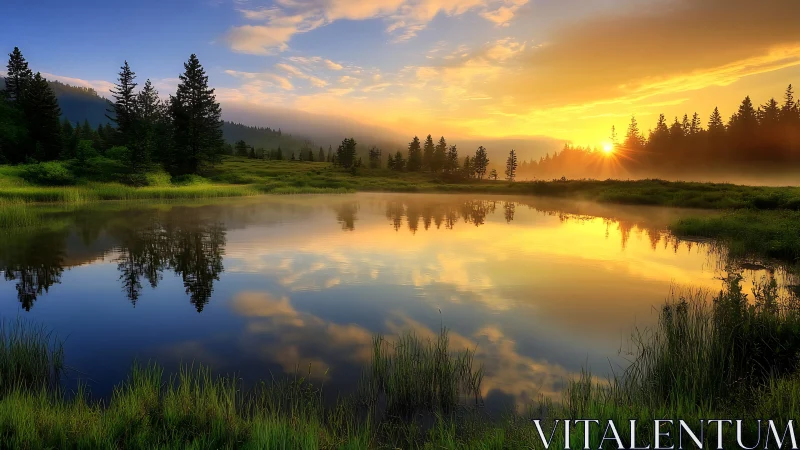 Sunrise over misty forest lake mirrors glowing sky perfectly.